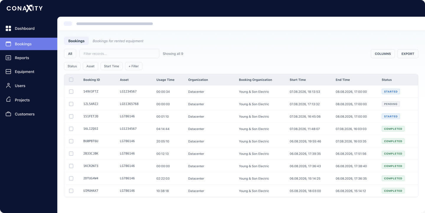 Conaxity console: bookings table