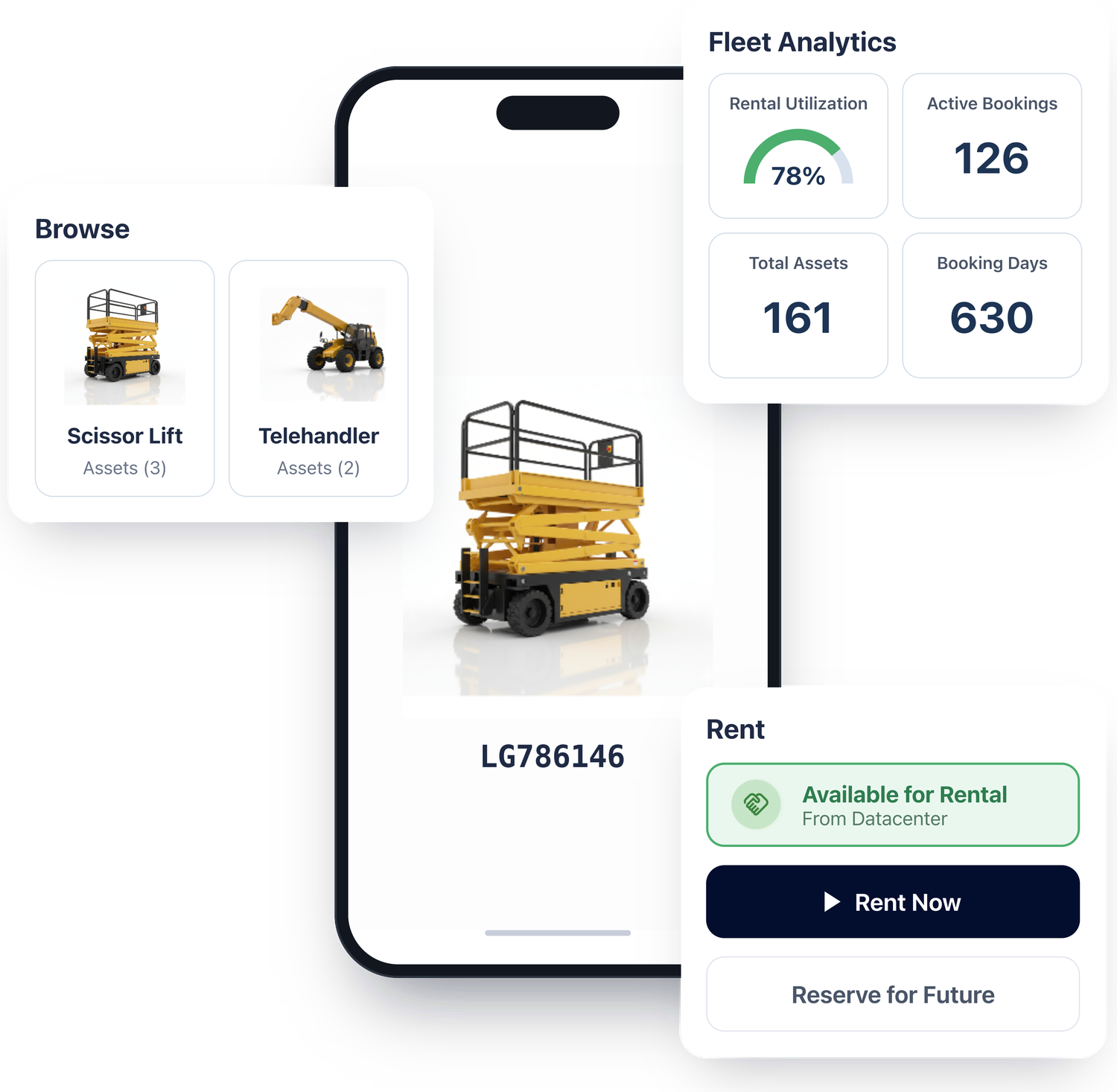 Conaxity app: browsing equipment, renting an asset and fleet analytics
